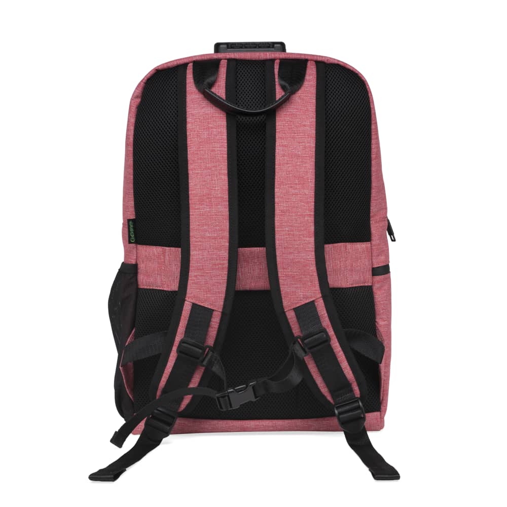 The back of the coral red Ooze smell proof backpack
