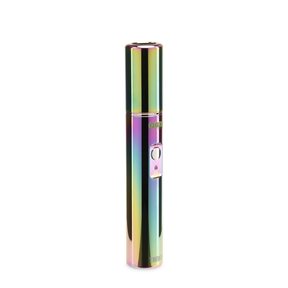 The Ooze Tanker Rainbow vape battery is shown on an angle against a white background.