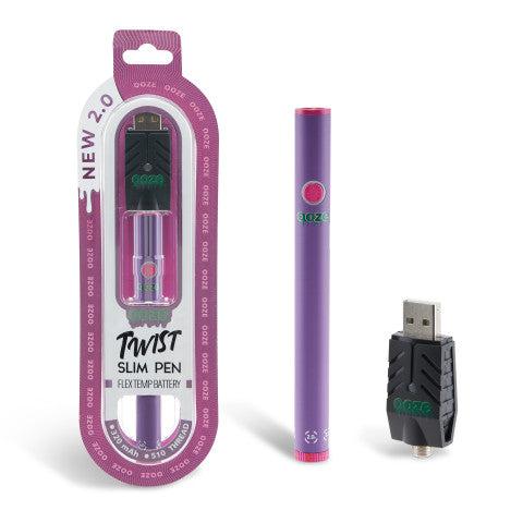 Purple Twist Slim 2.0 Vape Pen Battery inside box with 510 thread battery USB charger attached with additional vape pen battery outside the box