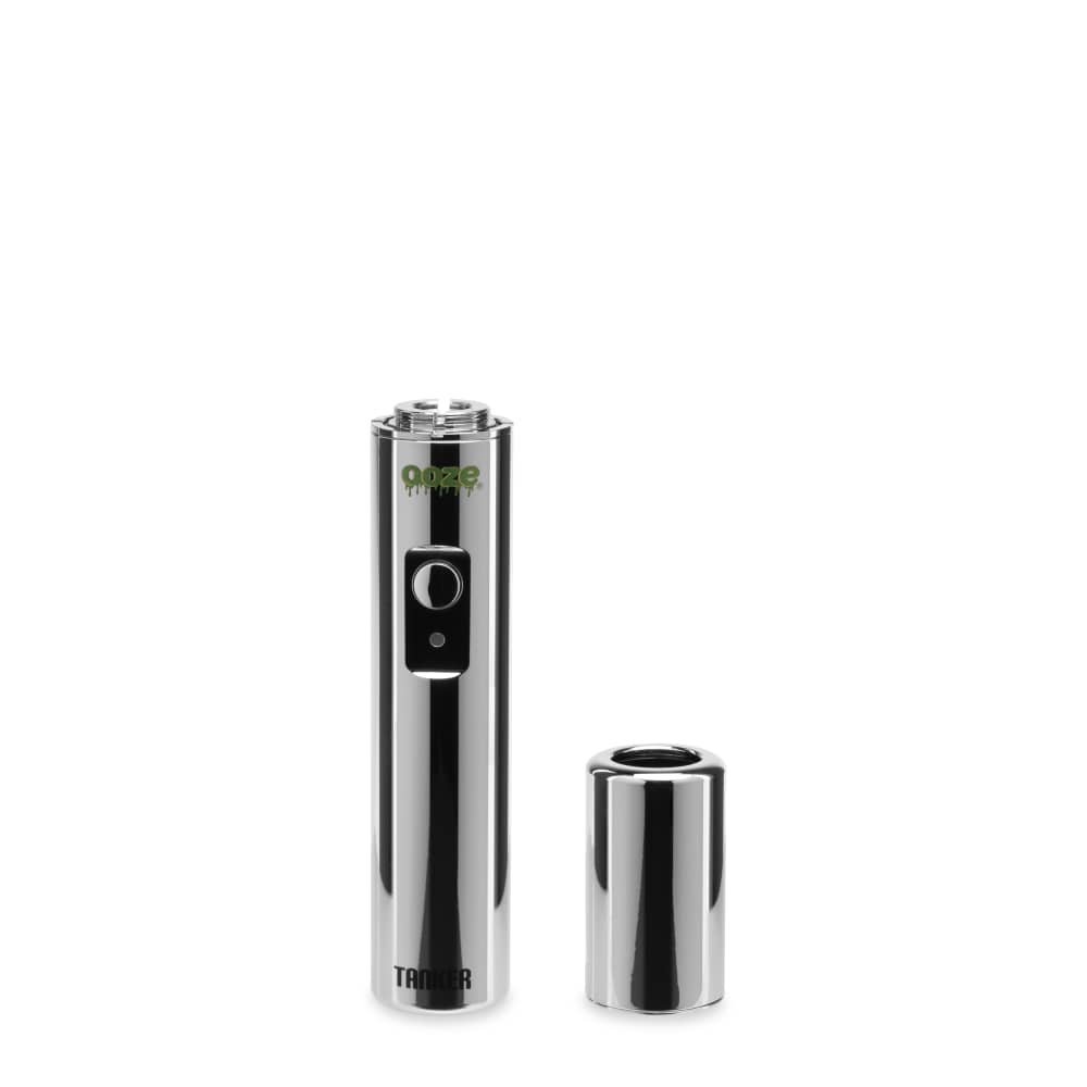 The Cosmic Chrome Ooze Tanker vape battery is shown with the thermal chamber unscrewed and sitting next to the base.