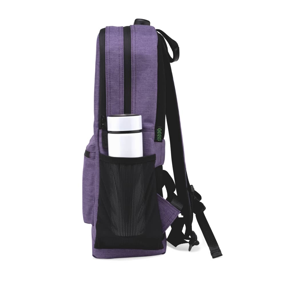 The side of the purple haze Ooze backpack with a white bottle in the side pocket