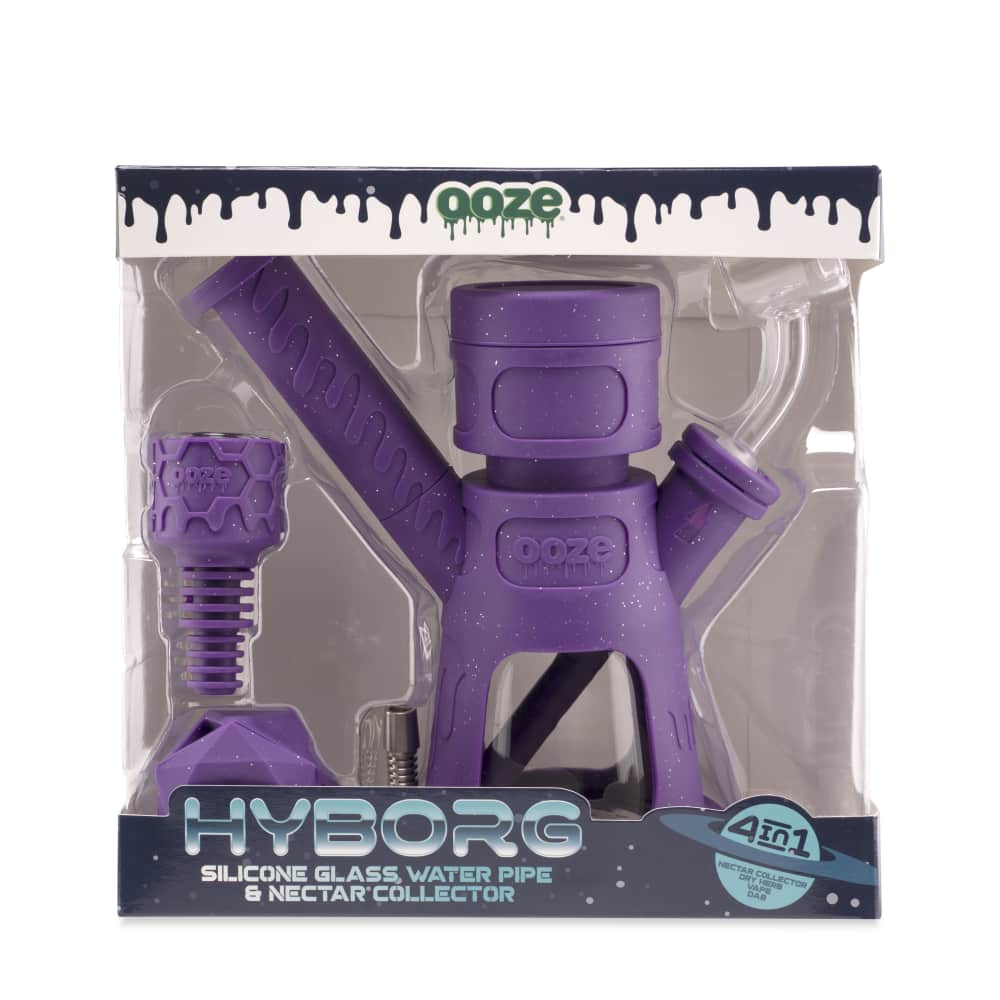 Ooze Hyborg Silicone Glass 4-In-1 Hybrid Water Pipe And Nectar Collector - Shimmer Purple