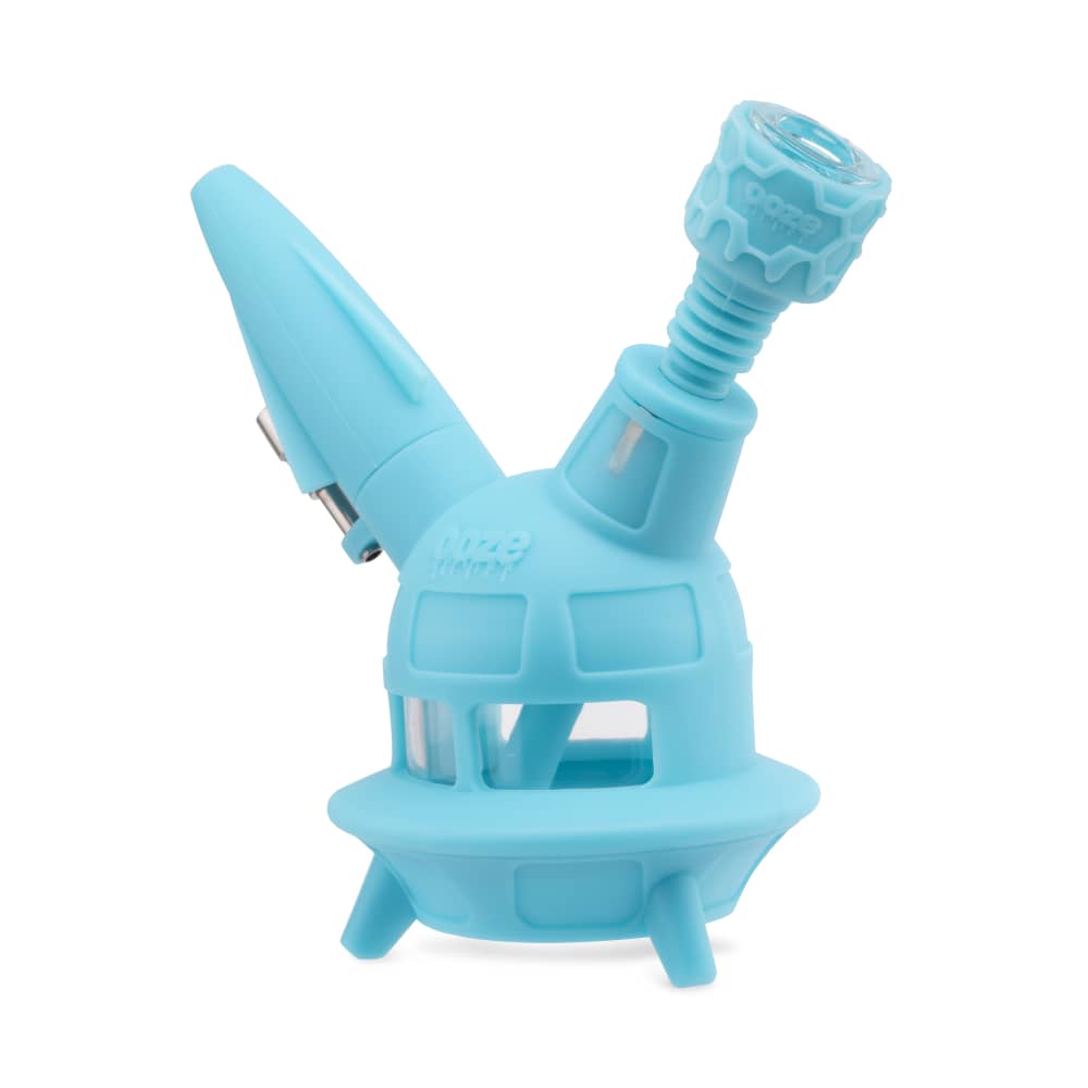 The aqua teal Ooze UFO is displayed as a bong on an angle
