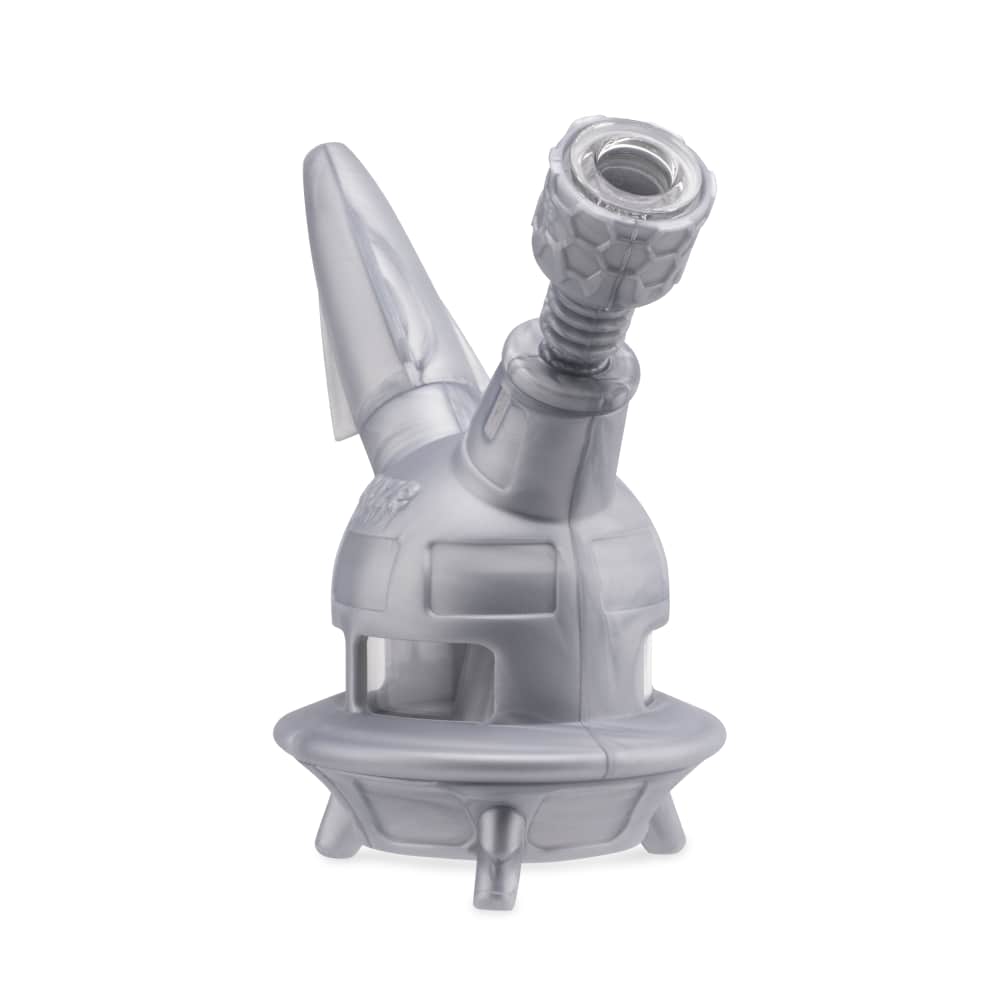 The stellar silver Ooze UFO is displayed on an angle as a bong